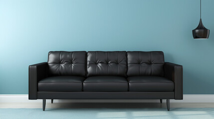 A black sofa in front of a light blue wall in modern living room, minimalist interior design 
