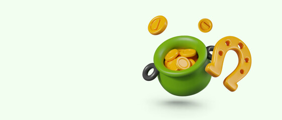 Green leprechaun pot with gold coins, horseshoe. Vector composition in cartoon style