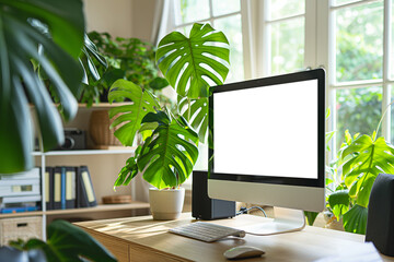 Modern designer desktop with blank screen computer. Mockup