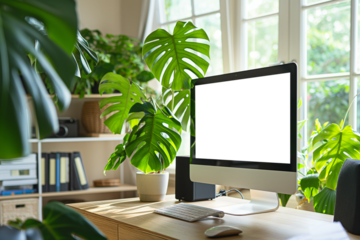 Modern designer desktop with blank screen computer. Mockup
