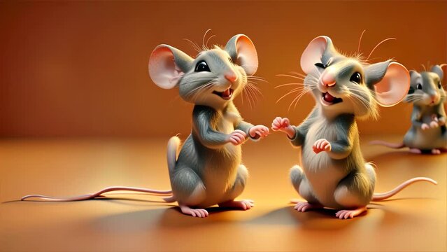 A cheerful scene with three animated mice, one laughing joyfully, rendered in a warm, soft light
