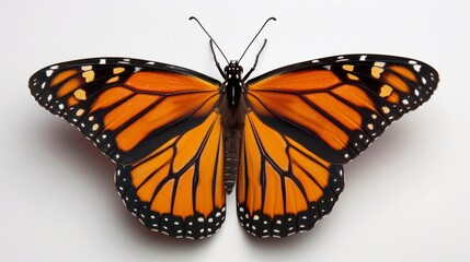 Fototapeta premium A large orange butterfly with black markings on its wings. The butterfly is resting on a white background