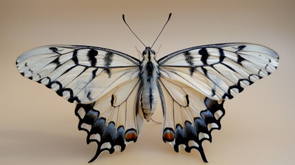 A butterfly with black and white wings is standing on a white background. The butterfly is the main...