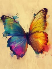 Obraz premium A colorful butterfly with its wings spread open. The butterfly is surrounded by splatters of paint, giving it a vibrant and artistic appearance. Concept of freedom and beauty