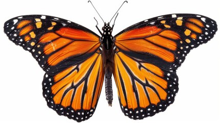 Fototapeta premium A large orange butterfly with black markings on its wings. The butterfly is resting on a white background