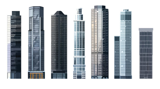 This set of illustrations features a black skyscraper