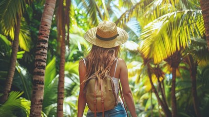 Happy female tourist walking between palm trees on summer vacation