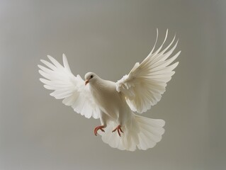 Fototapeta premium A white dove is flying in the sky. The bird has a black beak and is surrounded by white feathers. Concept of freedom and peace, as the dove is soaring through the air without any visible obstacles
