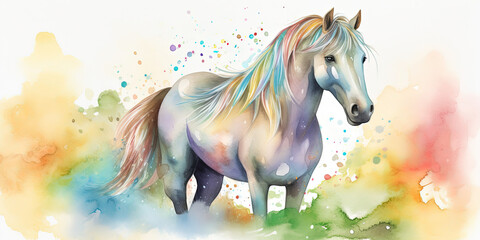 Fototapeta na wymiar Watercolor Artwork Of Imaginary Horse On White Background