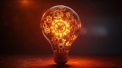 Creativity and Design: A 3D vector illustration of a lightbulb with gears and cogs inside