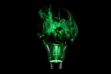 Electric Bulb With Green Smoke Inside On Black Background, Concept Of Ecological Problems Of Our Planet
