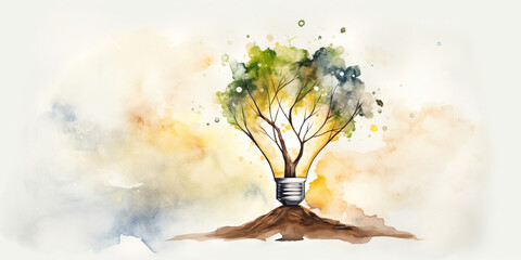 Watercolor Illustration Of An Eco-Friendly Concept Of A Tree Growing Inside A Bulb