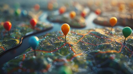 Customer Mapping: A 3D vector illustration of a map with pins representing customer locations - obrazy, fototapety, plakaty