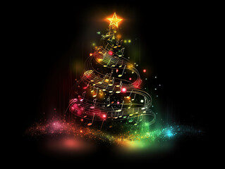 Abstract Christmas Tree-Shaped Notes Symbolize The Concept Of Christmas Music, Lighting Up A Black Background