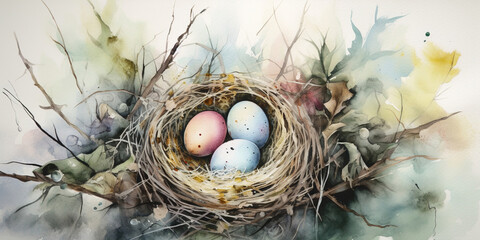 Watercolor Picture Of Bright Eggs In A Bird'S Nest, Easter Theme