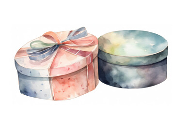 Watercolor Illustration Of Round Gift Box Tied With Ribbon For Birthday, Isolated On White Background