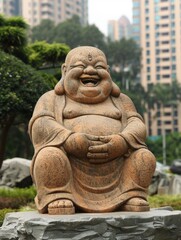 A statue of a smiling Buddha with his hands on his hips. The statue is sitting on a stone pedestal