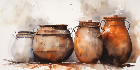 Watercolor Drawing Of Vintage Clay Kitchen Pots