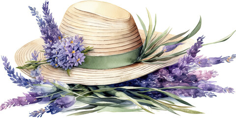 Watercolor Picture Of Straw Hat With Lavender Branches
