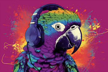 Artistic Depiction Of A Vibrant, Intelligent Parrot Wearing Headphones