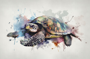 Turtle Watercolor Painting With Paint Splatters On A White Background