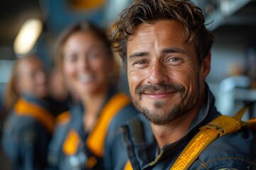 Obraz premium A happy astronaut with a big smile with his team blurred in the background at a spacecraft simulation