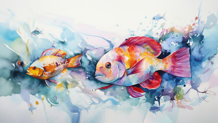 Two vibrant goldfish swim gracefully in a clear aquarium, their scales glinting in the light as they move through the water with fluid motions.