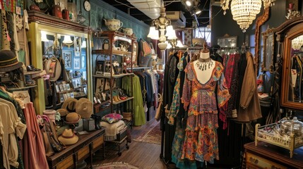 Art deco thrift shop, featuring 1920s and 1930s decor items and fashion, elegant and nostalgic...