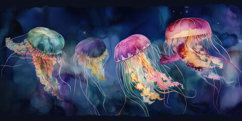 Set of Jellyfishes in pastel watercolor paints in dark blue water