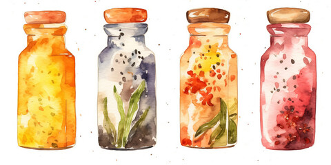 Watercolor Drawing Of Cosmetic Jars With Natural Herbal Remedies