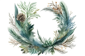 Watercolor Painting Of A Green Floral Wreath Pattern With Pine Needles And Cones