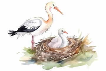 Watercolor Picture Of A Stork And Its Baby In The Nest