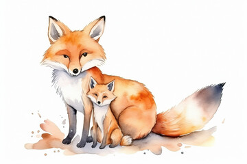 watercolor painting illustration of Wild red fox with cute little cub isolated on a white background , generative AI