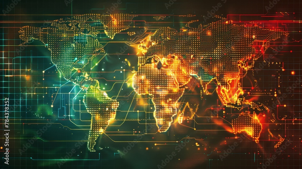 Poster digital world map: a 3d vector illustration of a world map on a digital screen