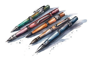Watercolor Drawing Of Ballpoint Pens On A White Backdrop