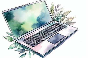 Watercolor Drawing Of An Open Laptop With A Colorful Display On A White Background
