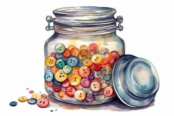 Watercolor Drawing Of A Glass Jar Filled With Colorful Sewing Buttons