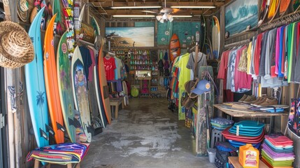 Beachfront thrift shop with a focus on summer gear, surfboards, swimsuits, and beach toys, laid-back vibe, --ar 16:9