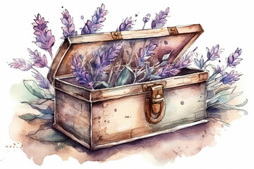 Watercolor Drawing Of A Wooden Lavender Scented Box