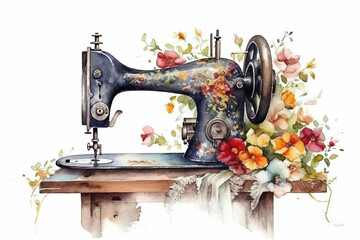 Watercolor Painting Of A Sewing Machine Surrounded By Vibrant Flowers On A White Backdrop