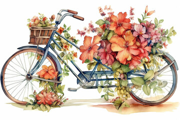 Watercolor Drawing Of Vintage Bicycle Surrounded By Bright Flowers On A White Backdrop