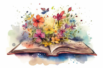 Watercolor Drawing Of A Magic Book Open With Colorful Flowers