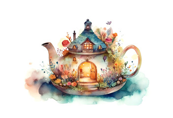 watercolor painting of magical fabulous house in fantastic teapot , generative AI