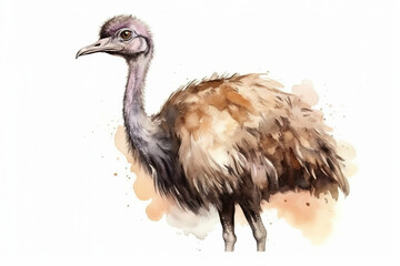 Watercolor Drawing Of Emu Ostrich On White Background