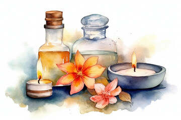Watercolor Drawing Of Spa Scented Oils With Candles
