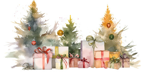 Watercolor Drawing Of Christmas Presents Under New Year Trees