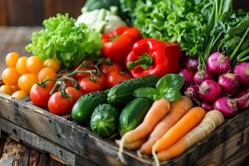 Assorted ripe vegetables in a wooden crate on a wood surface show the beauty of agricultural produce