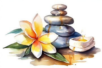 Watercolor Drawing Of Spa Massage Stones With Flowers