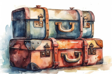 Watercolor Drawing Of Vintage Suitcases On A White Background