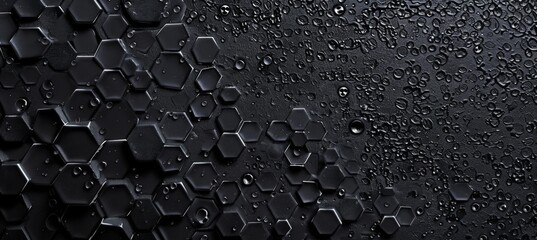 Black hexagon honeycomb shapes matte surface moving up down randomly. Abstract modern design background concept. 3D illustration rendering graphic design